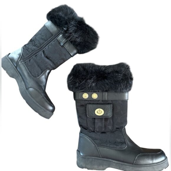 Coach Black Fur-Trimmed Turn Lock Pocket Winter Boots Size 7.5 - Picture 1 of 8